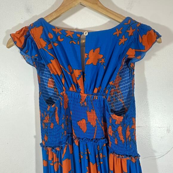ABEL THE LABEL Smocked Maxi Dress Womans Medium Blue Orange Vacation Resort - Picture 7 of 13